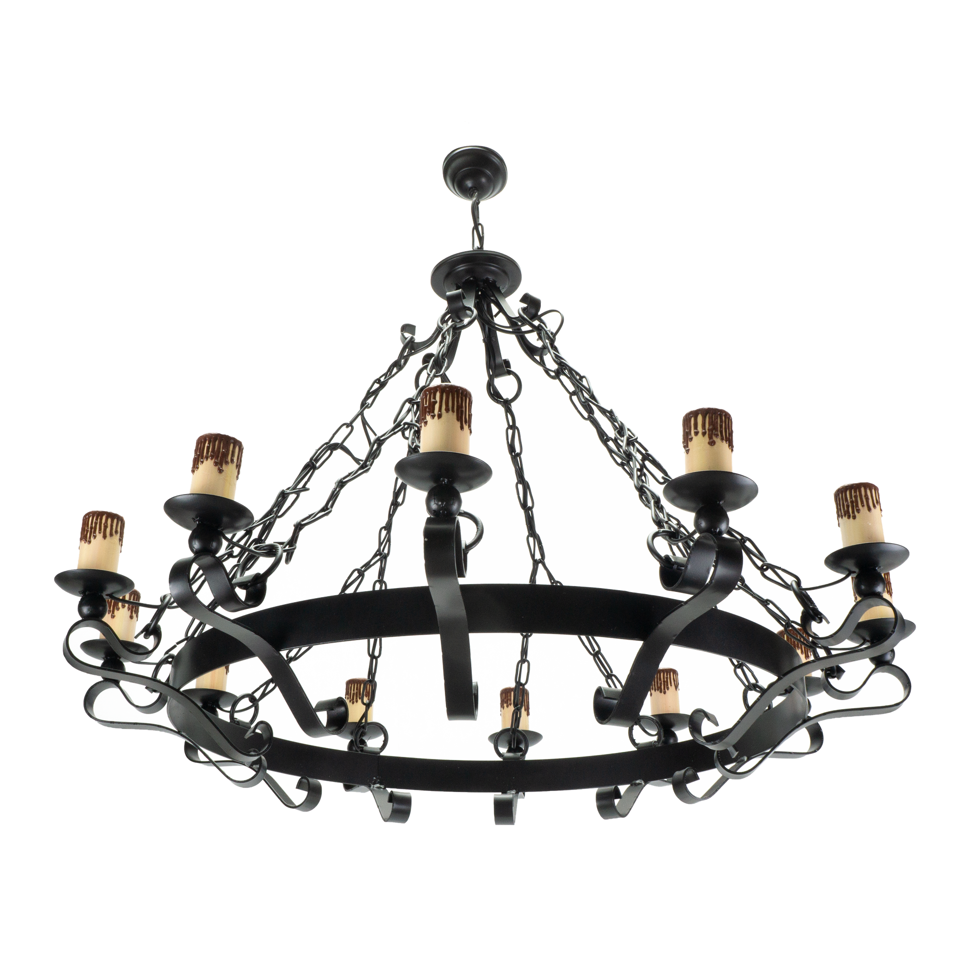 Lámpara Rústica Medieval Negra de 12 luces, vista general. Fabrilamp en luzguru.com