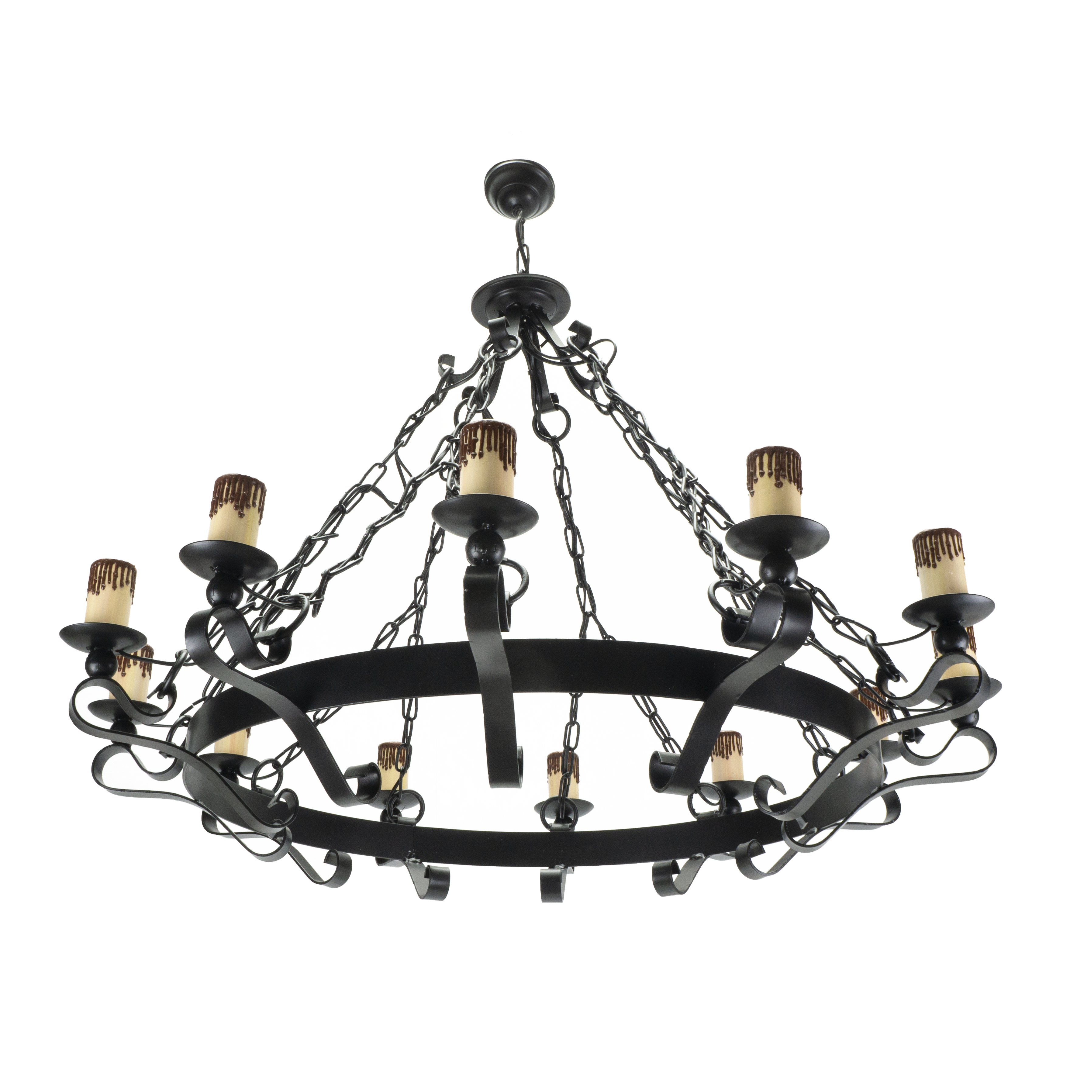 Lámpara Rústica Medieval Negra de 12 luces, vista general. Fabrilamp en luzguru.com