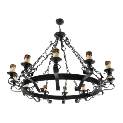 Lámpara Rústica Medieval Negra de 12 luces, vista general. Fabrilamp en luzguru.com