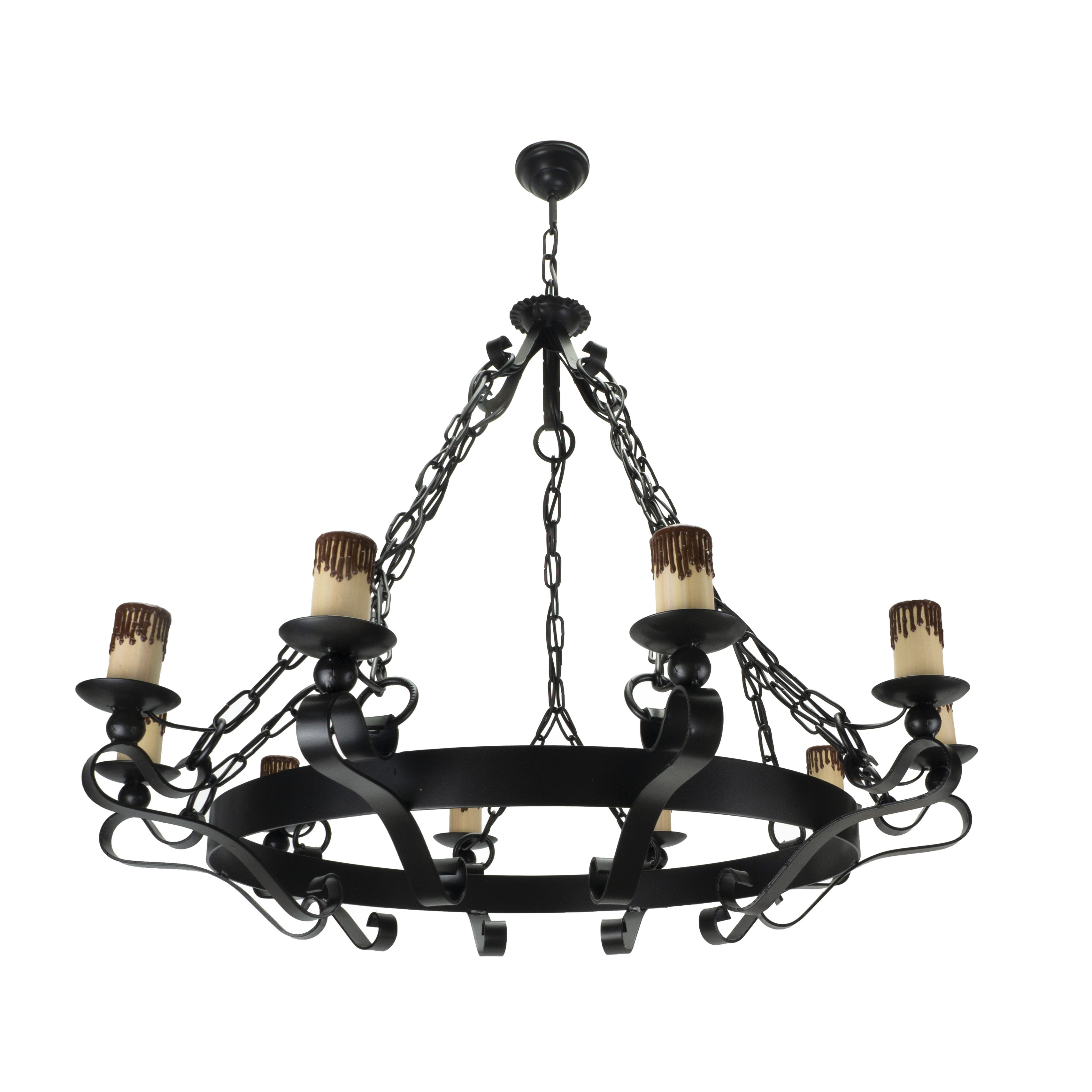 Lámpara Rústica Medieval Negra de 10 luces E27, Fabrilamp, vista frontal.