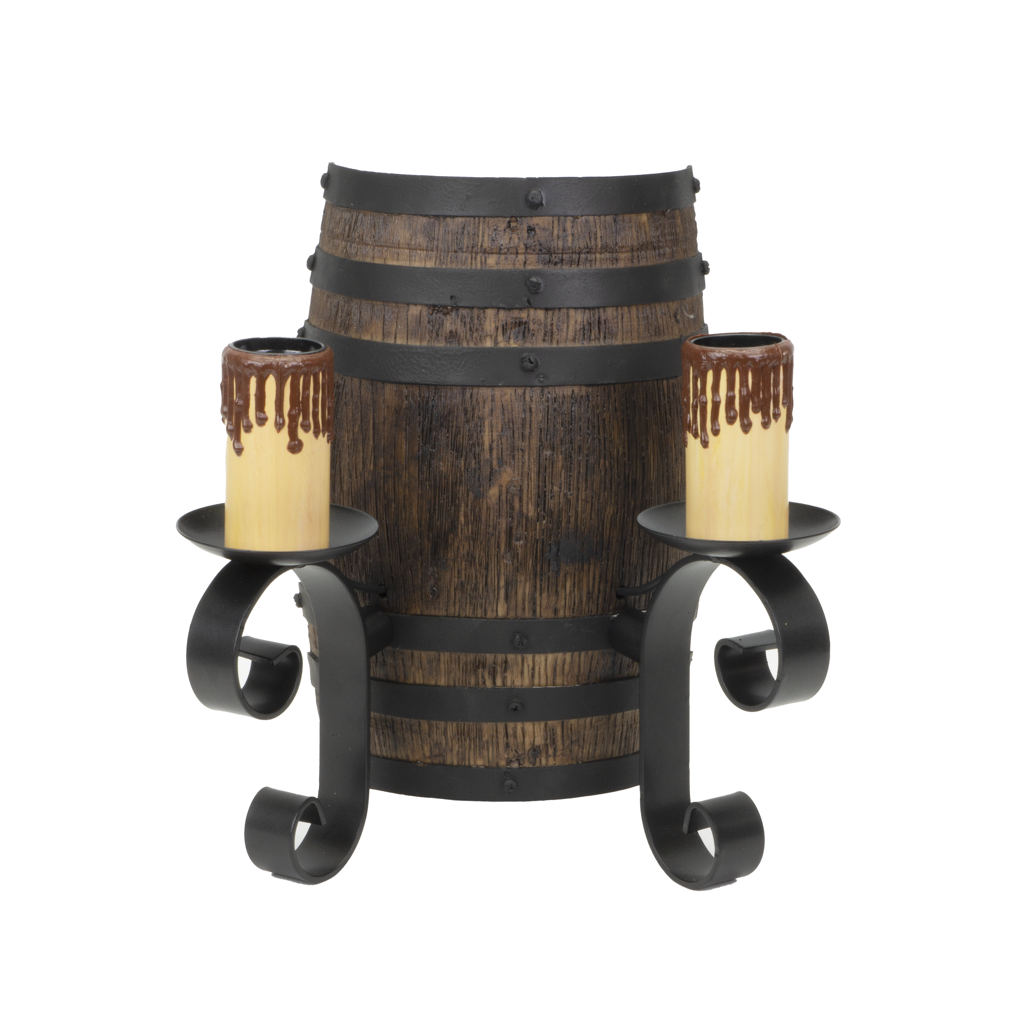 Aplique Barril 2xE27 Negro/Marrón de Fabrilamp, vista frontal. Iluminación rústica para interiores.