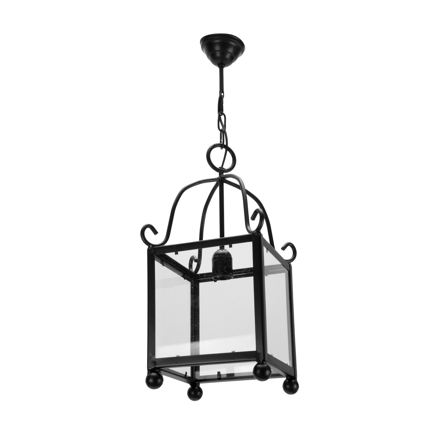 Farol de forja estilo Monasterio, color negro, con portalámpara E27. Ideal para iluminación exterior.