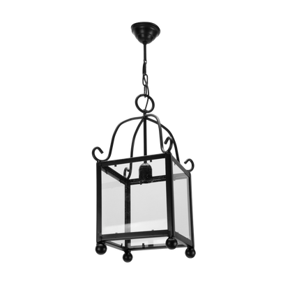 Farol de forja estilo Monasterio, color negro, con portalámpara E27. Ideal para iluminación exterior.