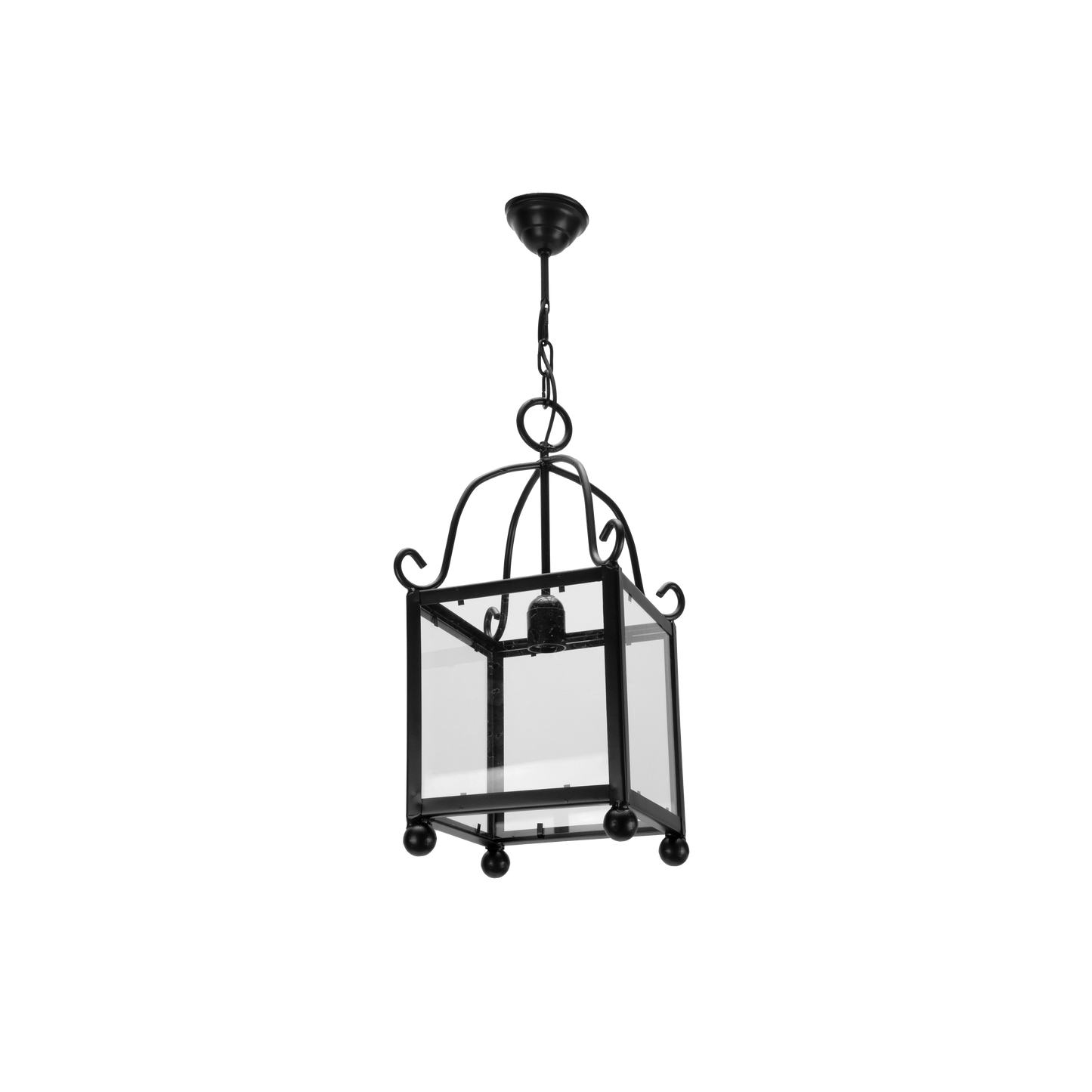 Farol Monasterio fabricado en metal color negro, ideal para salones rústicos