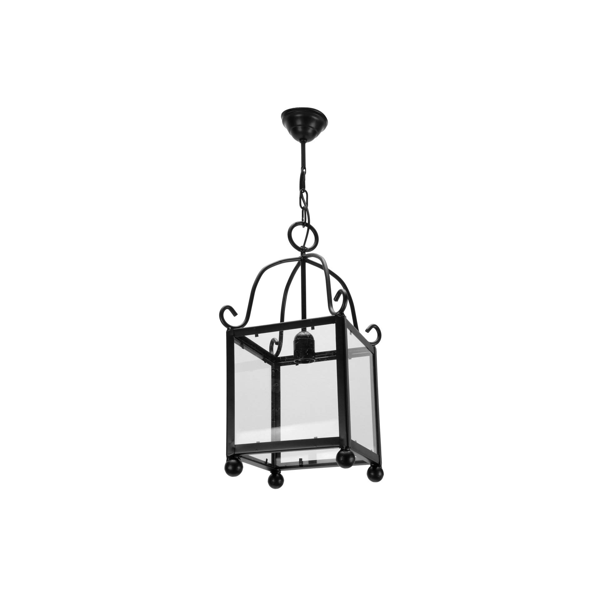 Farol Monasterio fabricado en metal color negro, ideal para salones rústicos