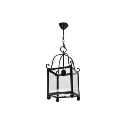 Farol Monasterio fabricado en metal color negro, ideal para salones rústicos