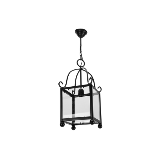 Farol Monasterio fabricado en metal color negro, ideal para salones rústicos