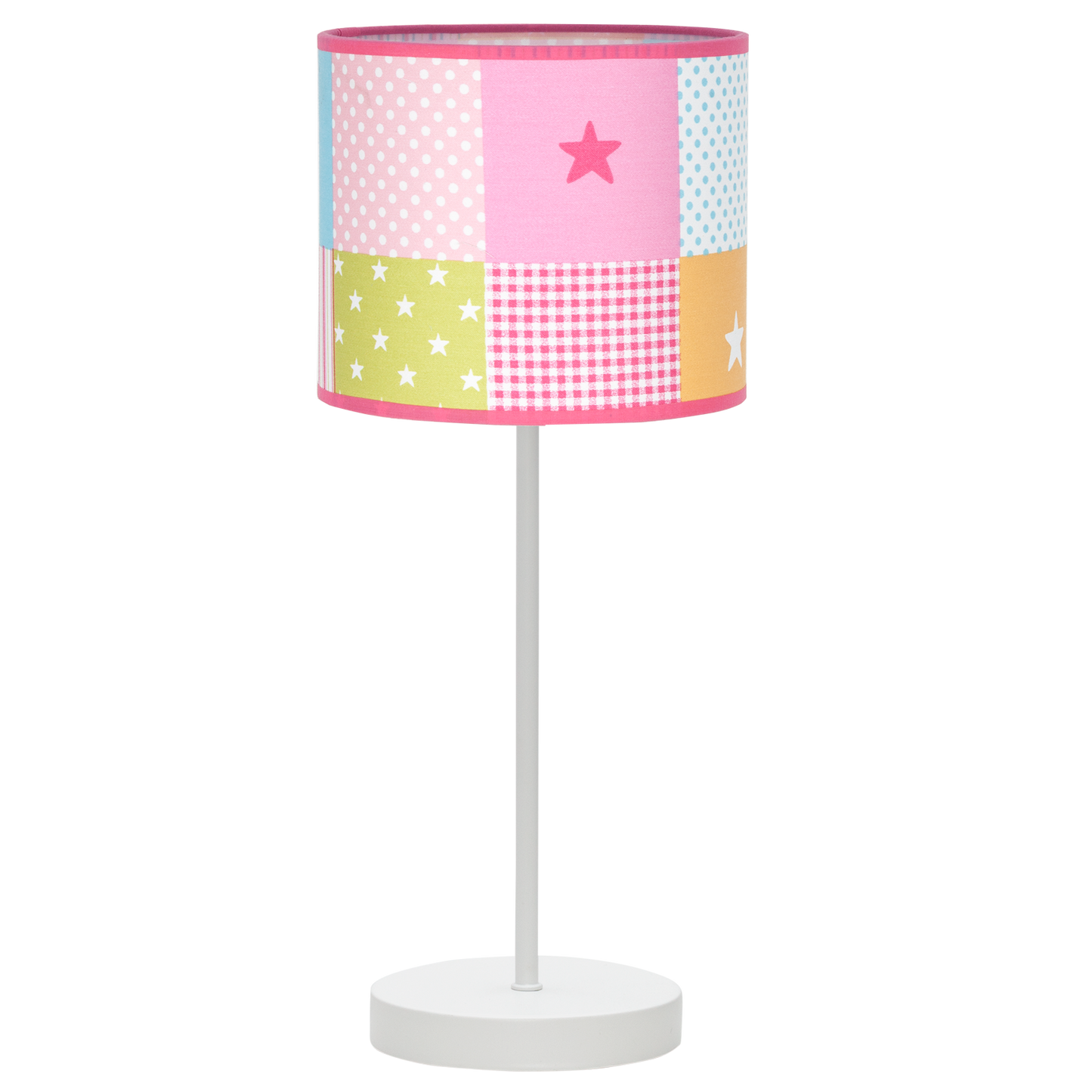Sobremesa infantil fabricada en metal y textil, color blanco con estampado de cuadros de colores