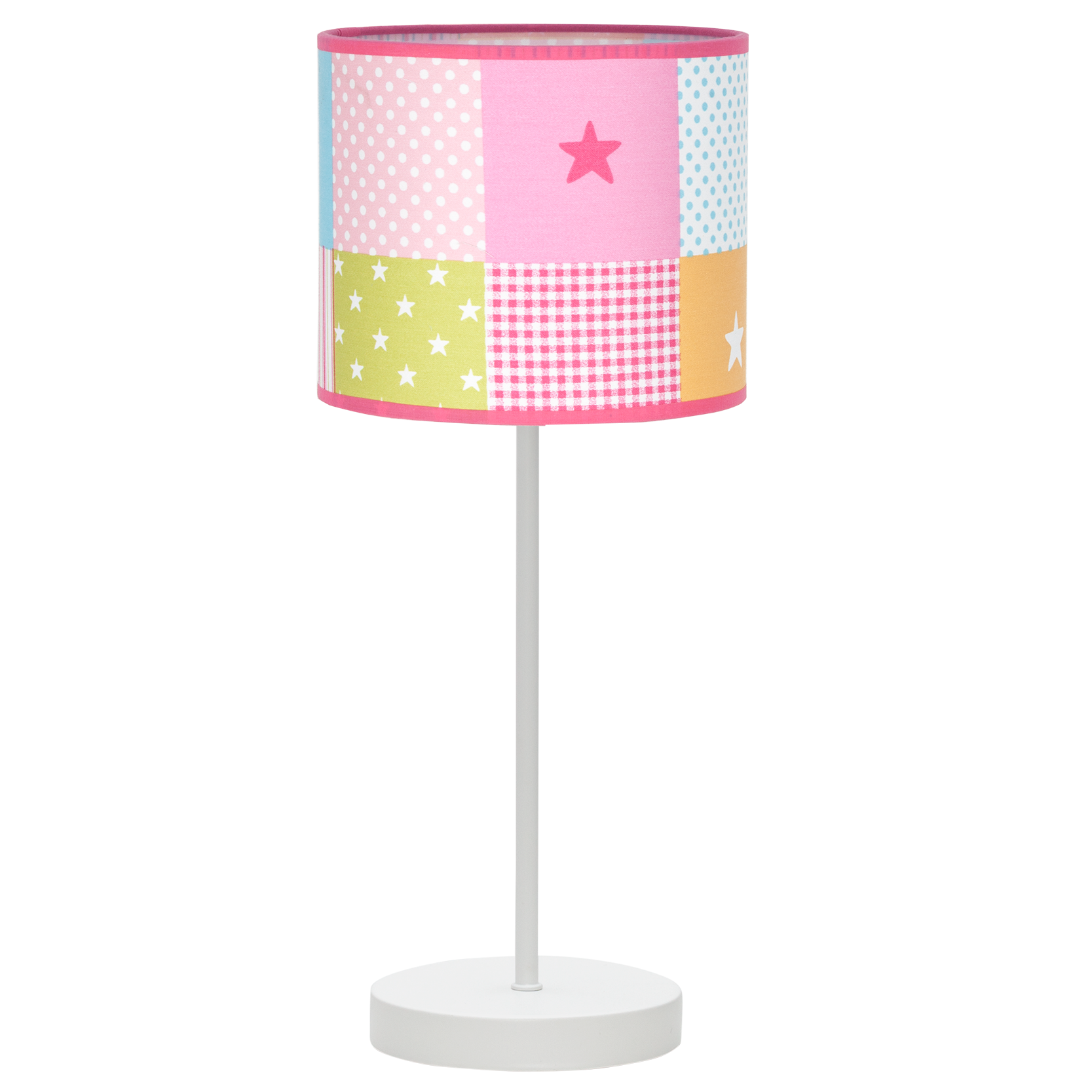 Sobremesa infantil fabricada en metal y textil, color blanco con estampado de cuadros de colores
