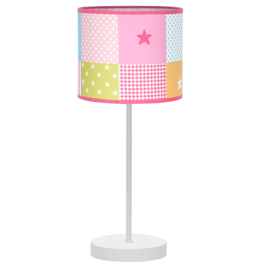 Sobremesa infantil fabricada en metal y textil, color blanco con estampado de cuadros de colores
