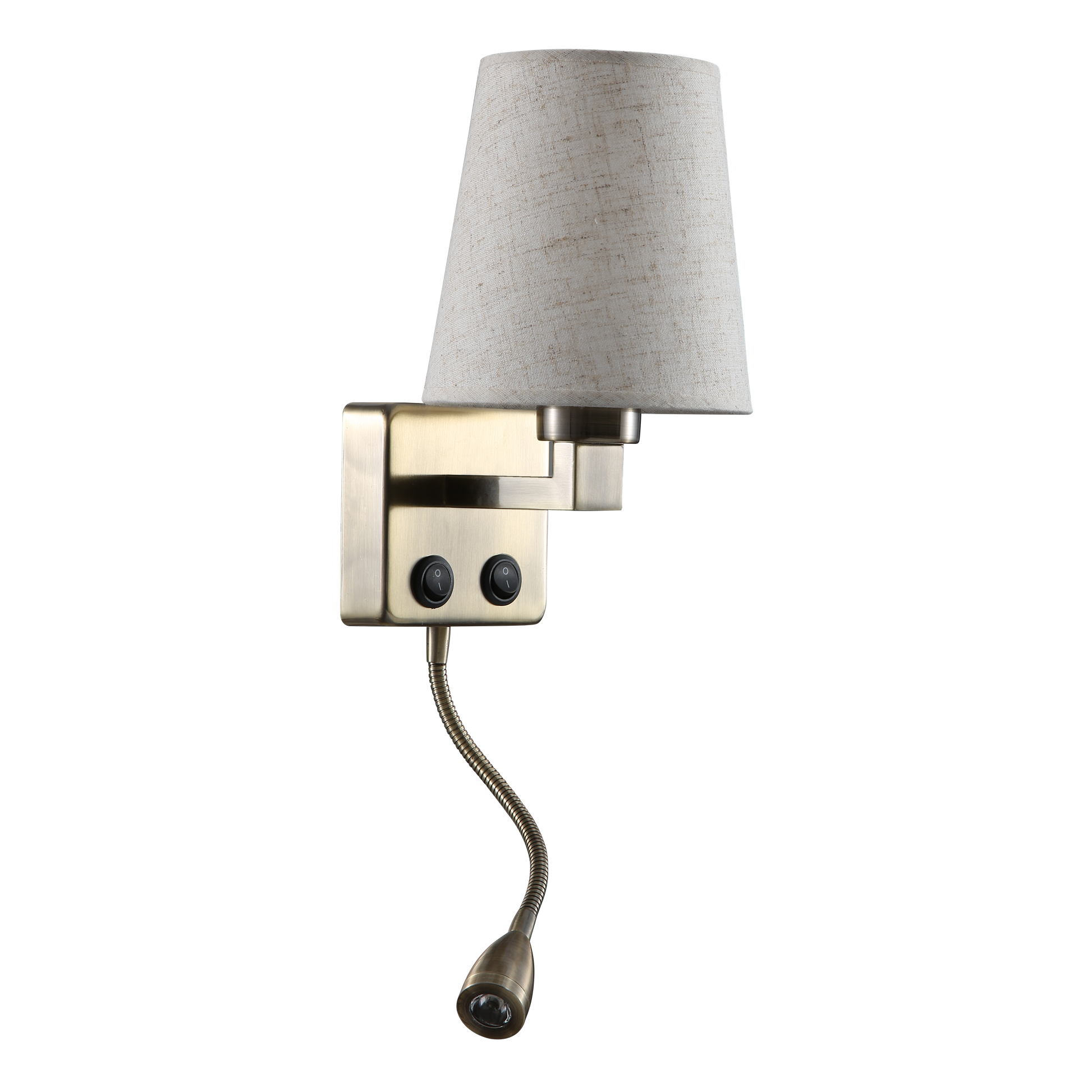 Aplique Paulo Cuero Beige con pantalla textil y brazo lector LED orientable.