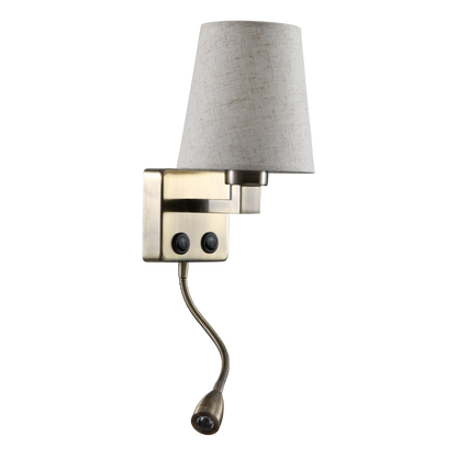 Aplique Paulo Cuero Beige con pantalla textil y brazo lector LED orientable.