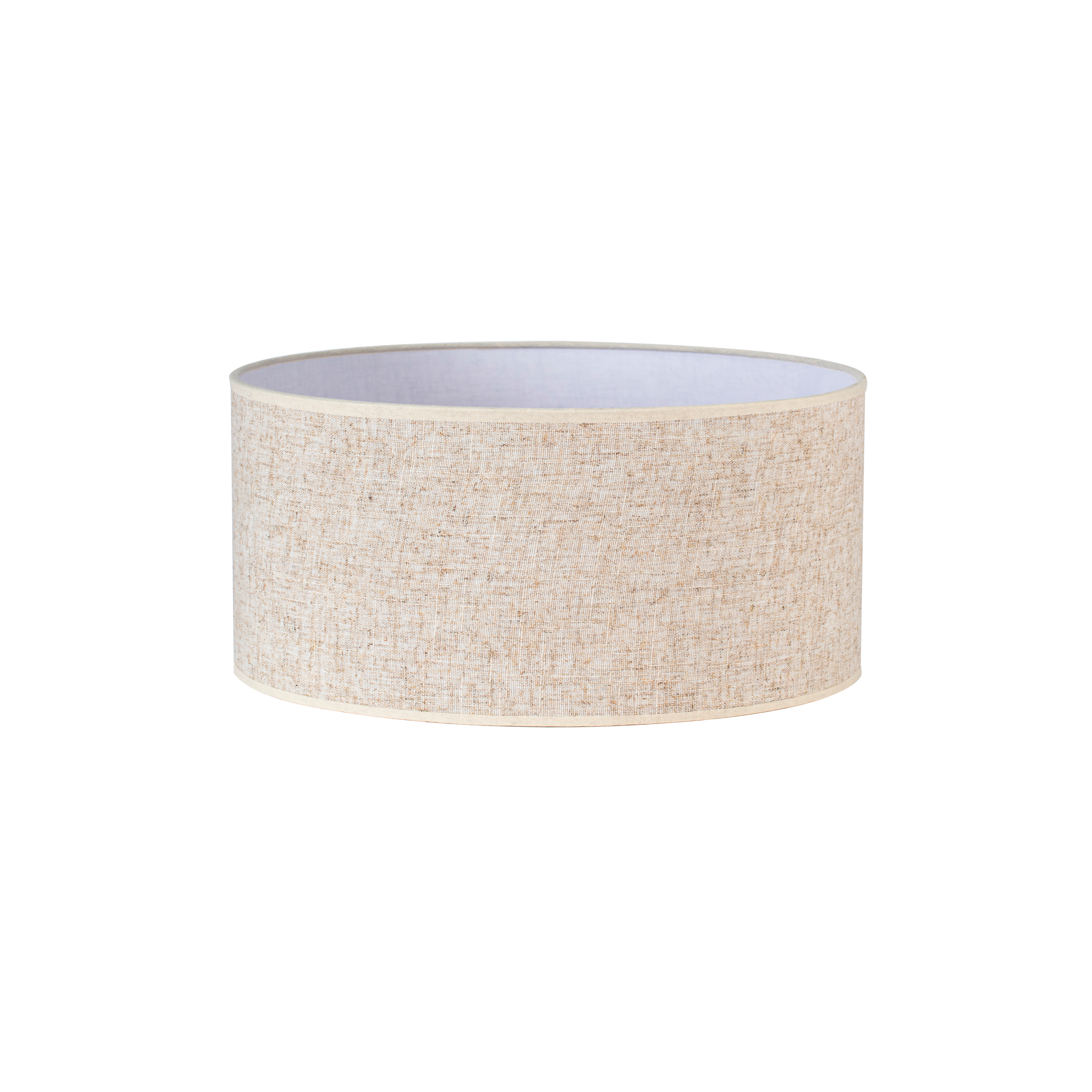 Pantalla cilíndrica Happy E27 de lino beige, vista frontal. Iluminación cálida y difusa.