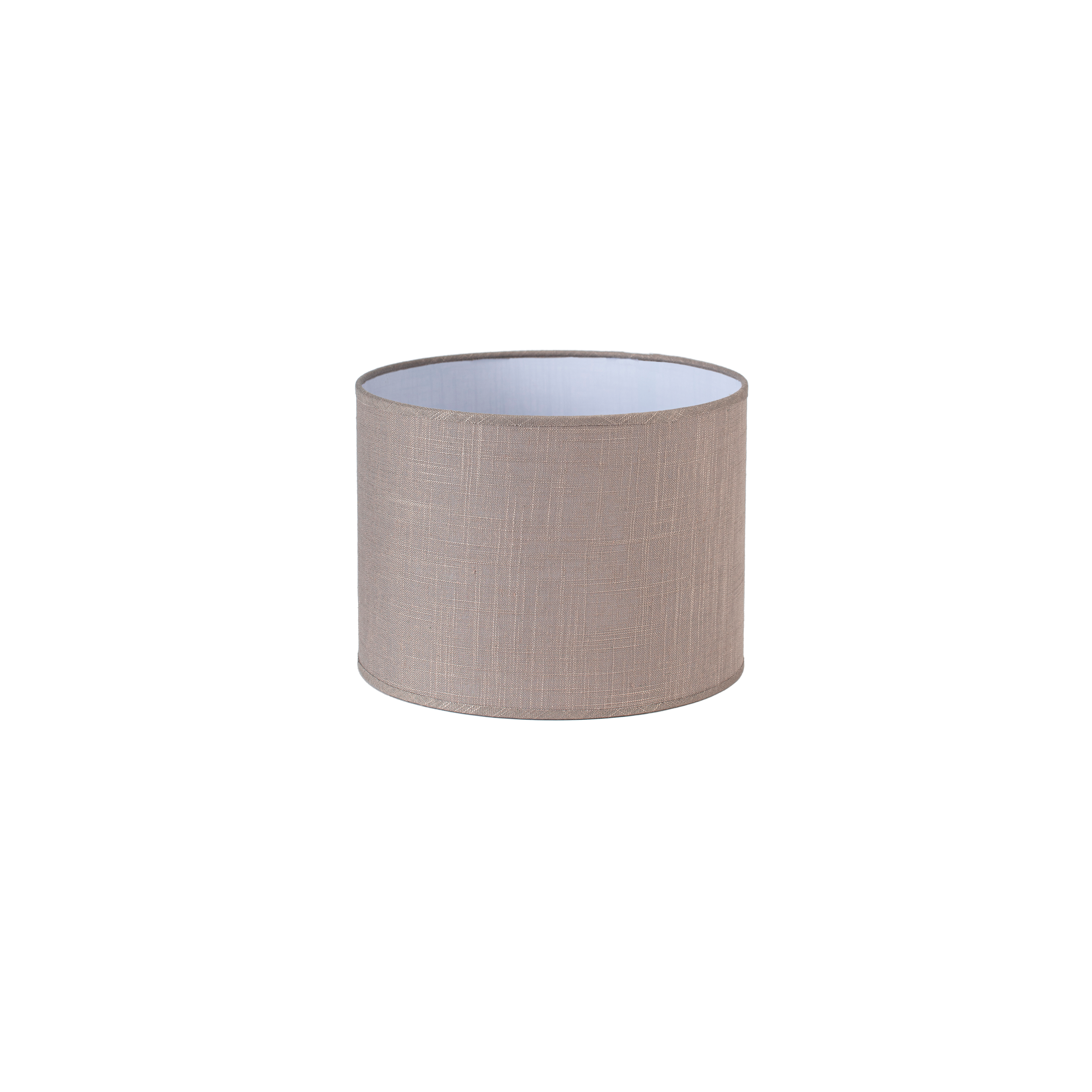 Pantalla cilíndrica Happy E27 de lino gris, vista frontal. Fabrilamp.