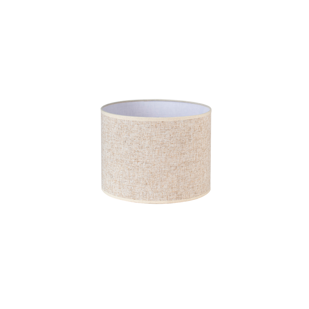 Pantalla cilíndrica Happy E27 de lino beige, vista frontal. Iluminación cálida y elegante para tu hogar.