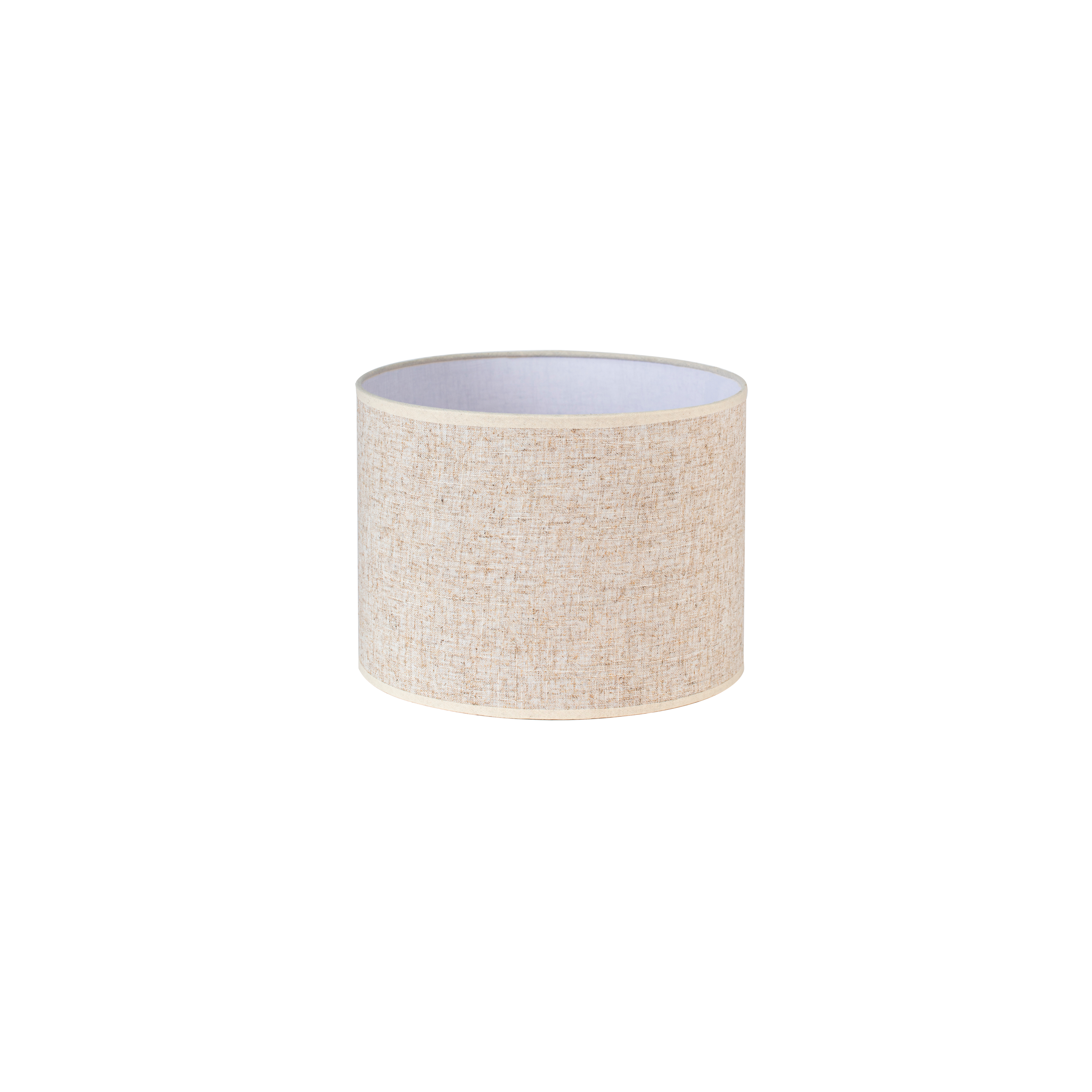 Pantalla cilíndrica Happy E27 de lino beige, vista frontal. Iluminación cálida y elegante para tu hogar.