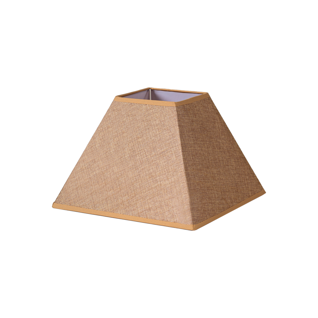 Pantalla Piramidal Marrón Divos E27 de Fabrilamp, vista frontal. Material textil saco-yute.