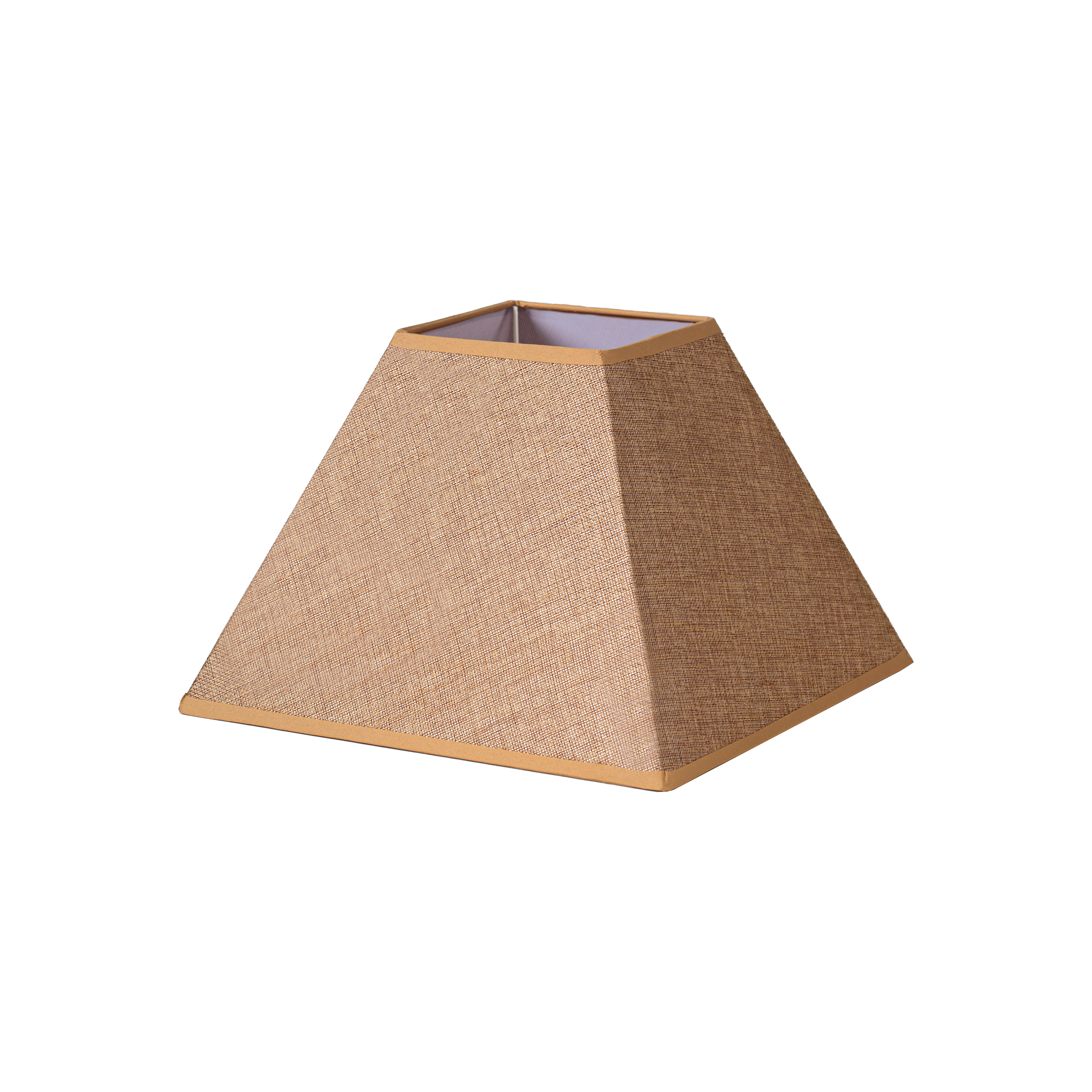 Pantalla Piramidal Marrón Divos E27 de Fabrilamp, vista frontal. Material textil saco-yute.