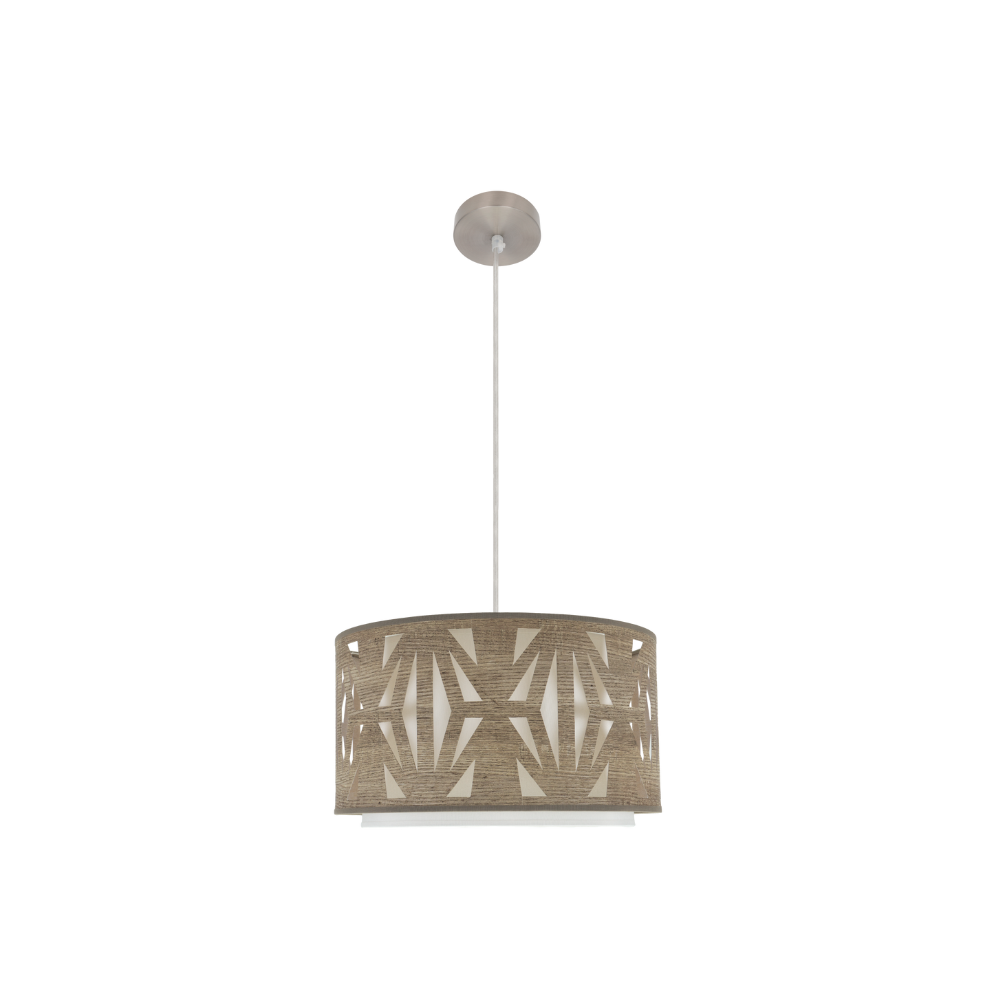 Colgante Katerina fabricado en metal color níquel con pantalla textil madera gris