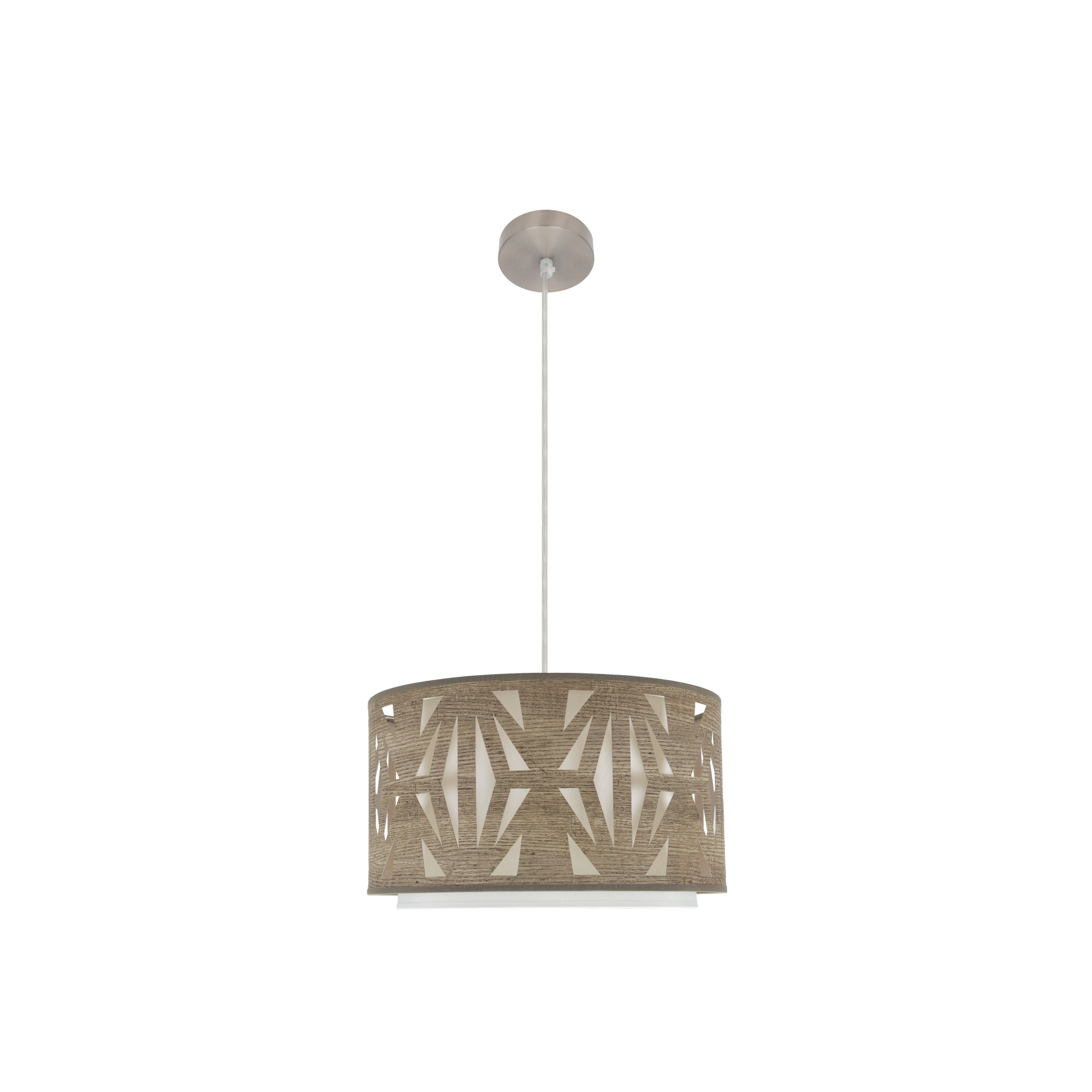 Colgante Katerina fabricado en metal color níquel con pantalla textil madera gris