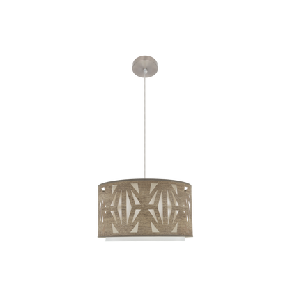 Colgante Katerina fabricado en metal color níquel con pantalla textil madera gris