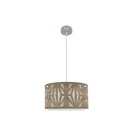 Colgante Katerina fabricado en metal color níquel con pantalla textil madera gris