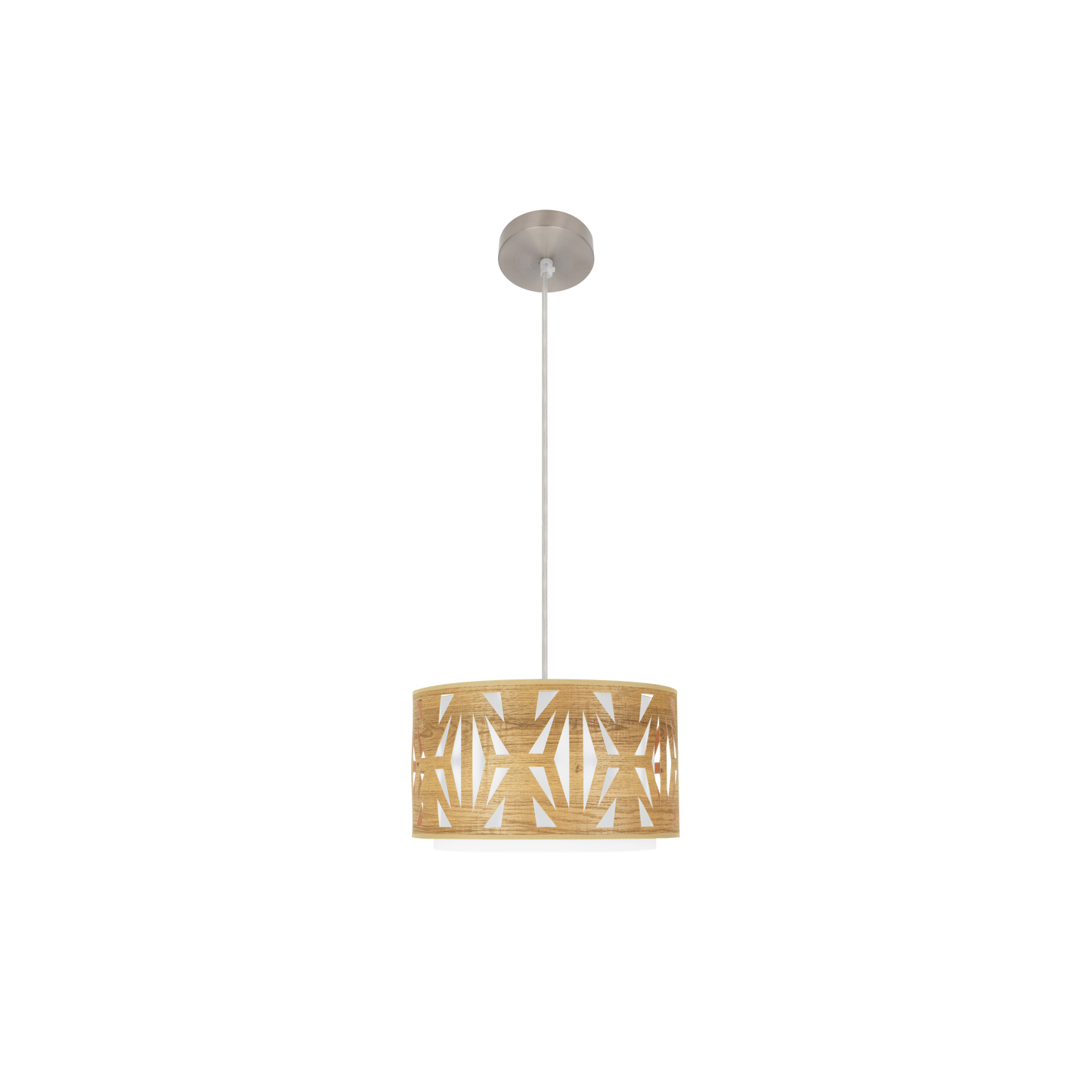 Lámpara colgante Katerina fabricada en metal color níquel y pantalla textil con madera clara, ideal para salón.