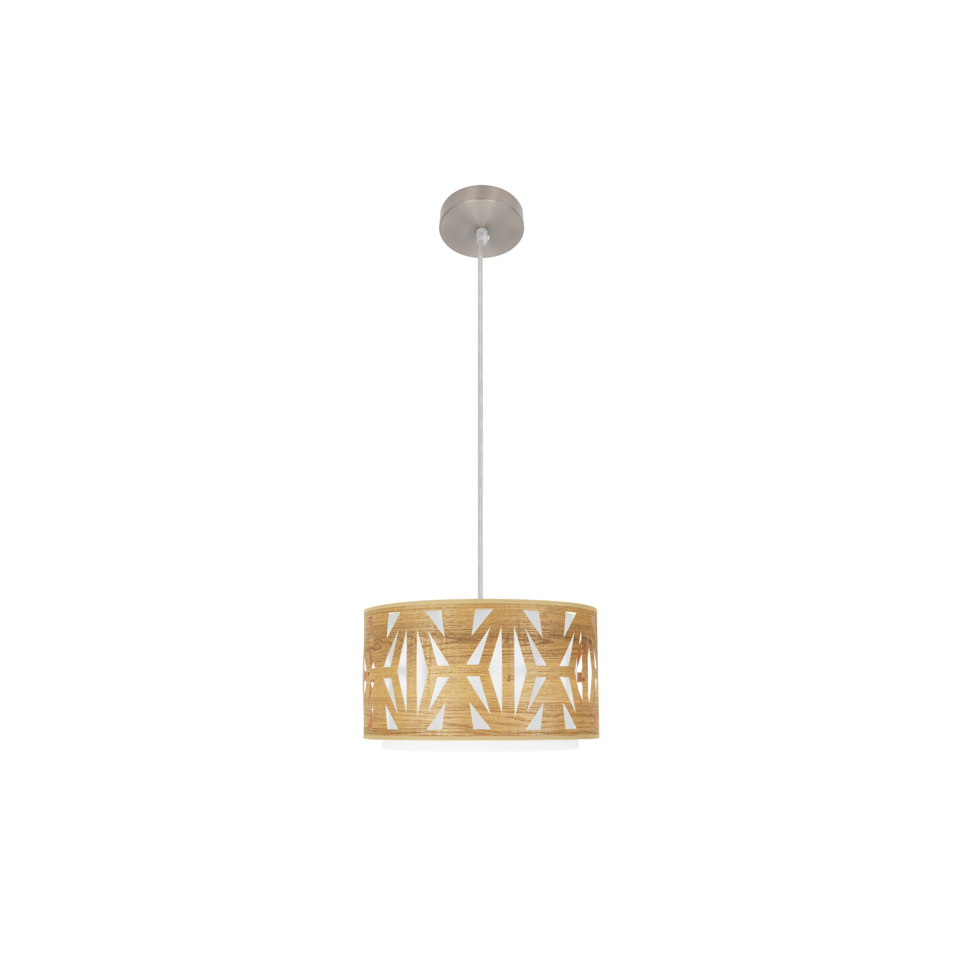 Lámpara colgante Katerina fabricada en metal color níquel y pantalla textil con madera clara, ideal para salón.