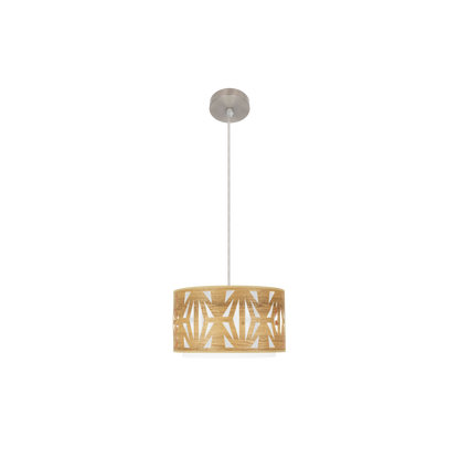 Lámpara colgante Katerina fabricada en metal color níquel y pantalla textil con madera clara, ideal para salón.
