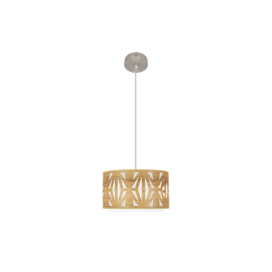 Lámpara colgante Katerina fabricada en metal color níquel y pantalla textil con madera clara, ideal para salón.