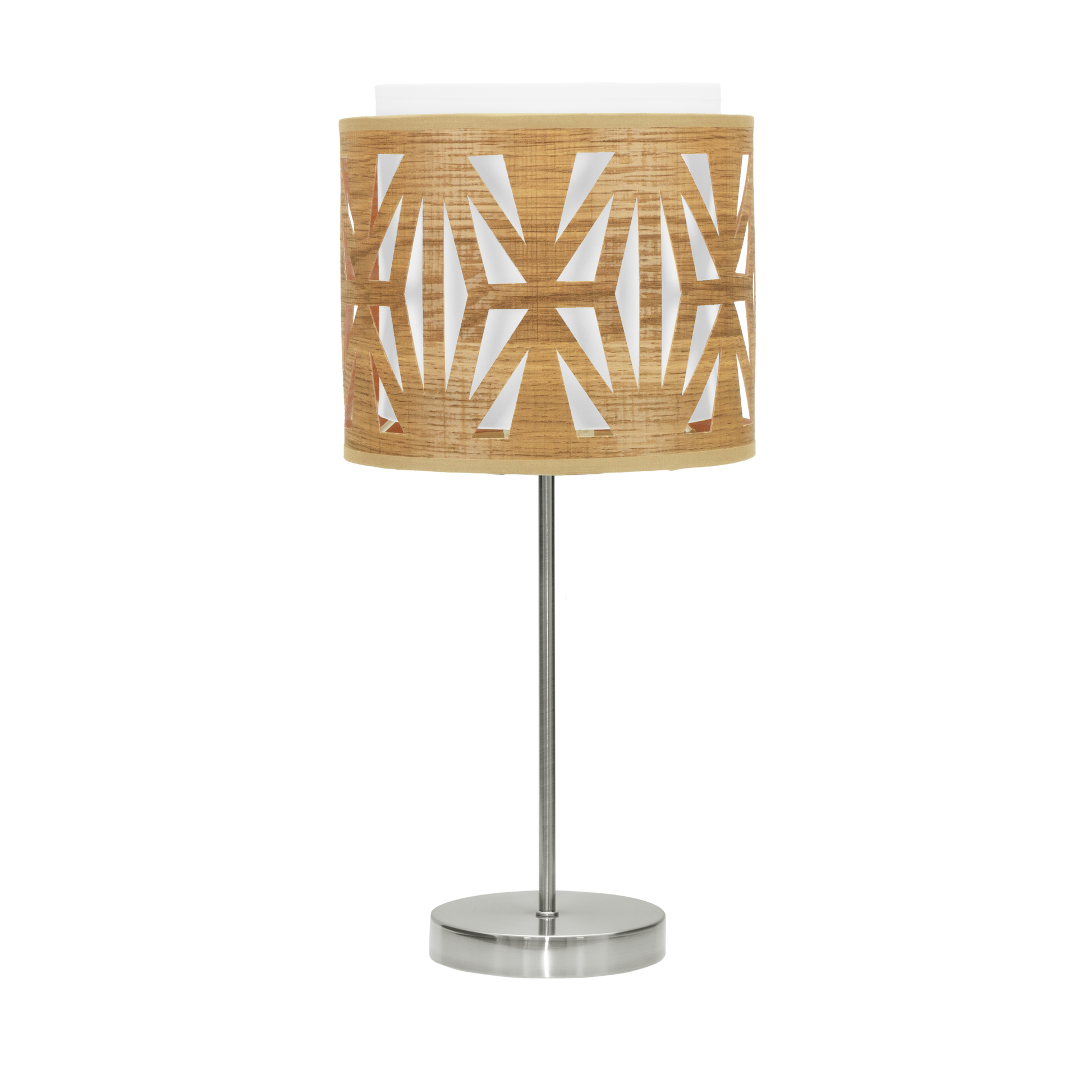 Lámpara Katerina fabricada en metal y textil color madera clara y blanco.