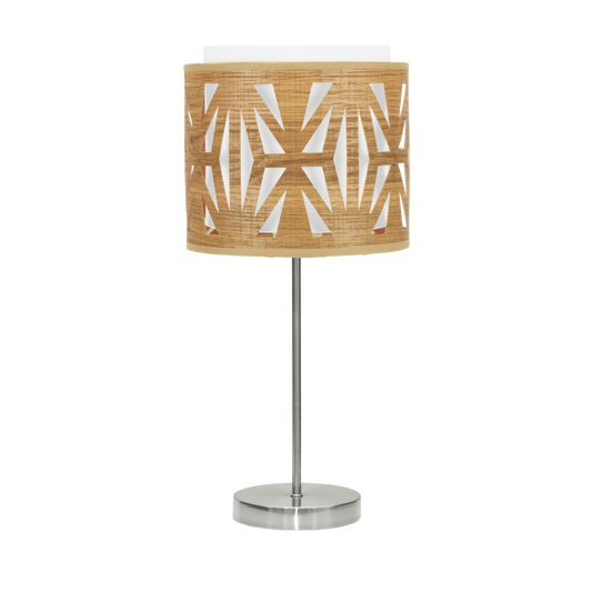 Lámpara Katerina fabricada en metal y textil color madera clara y blanco.