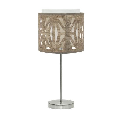Sobremesa Katerina fabricada en metal color níquel y textil madera gris, ideal para dormitorio.