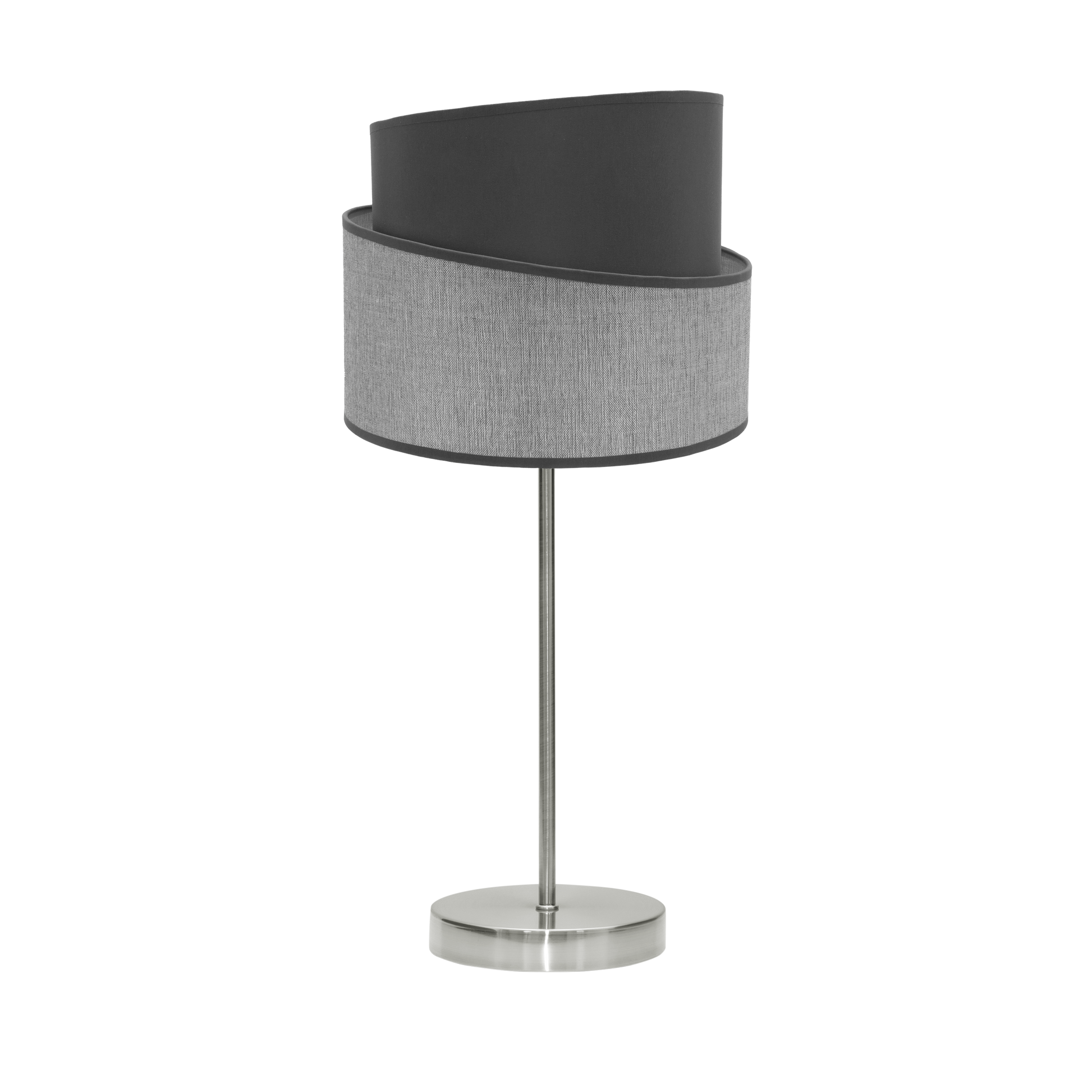 Lámpara Hara fabricada en metal color níquel y textil gris, ideal para dormitorio.