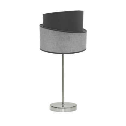 Lámpara Hara fabricada en metal color níquel y textil gris, ideal para dormitorio.