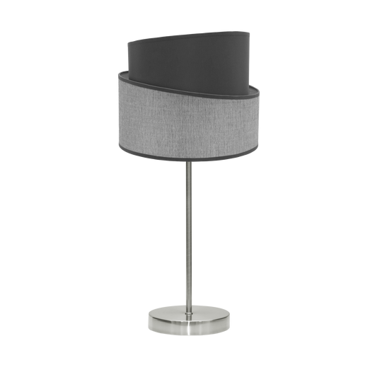 Lámpara Hara fabricada en metal color níquel y textil gris, ideal para dormitorio.