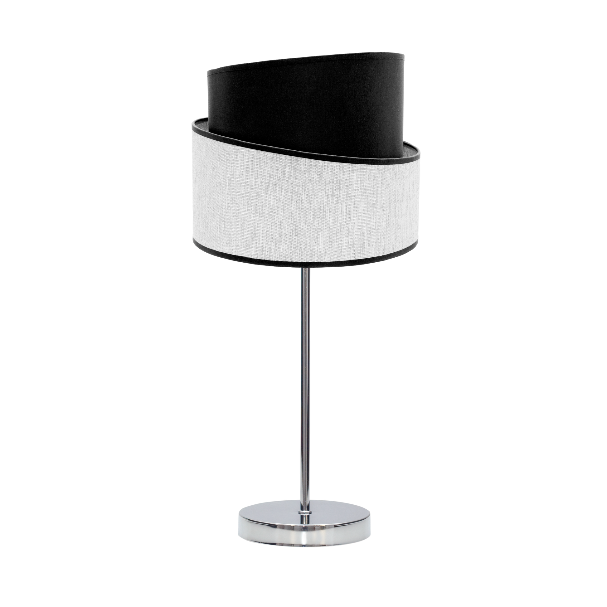 Lámpara Hara fabricada en metal cromado y textil blanco y negro