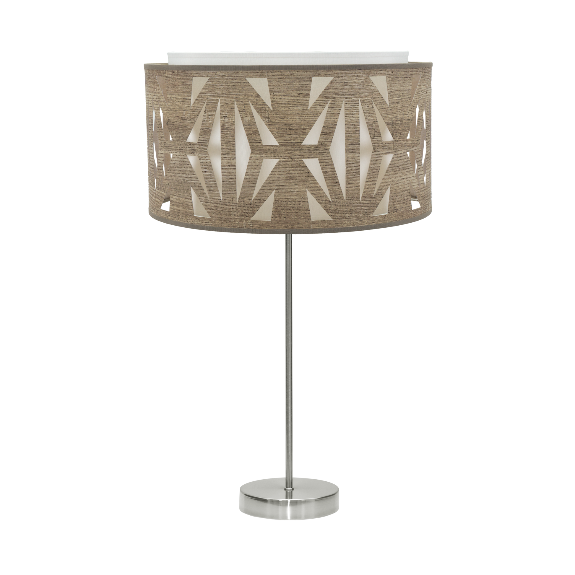 Sobremesa Katerina fabricada en metal color níquel y pantalla textil madera gris, ideal para dormitorio