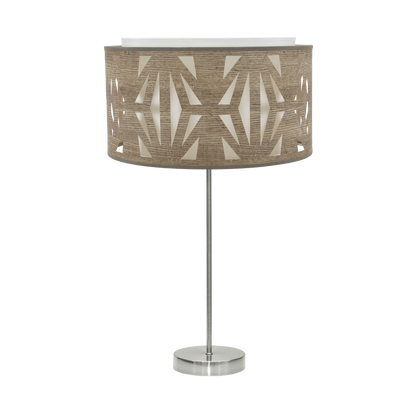 Sobremesa Katerina fabricada en metal color níquel y pantalla textil madera gris, ideal para dormitorio