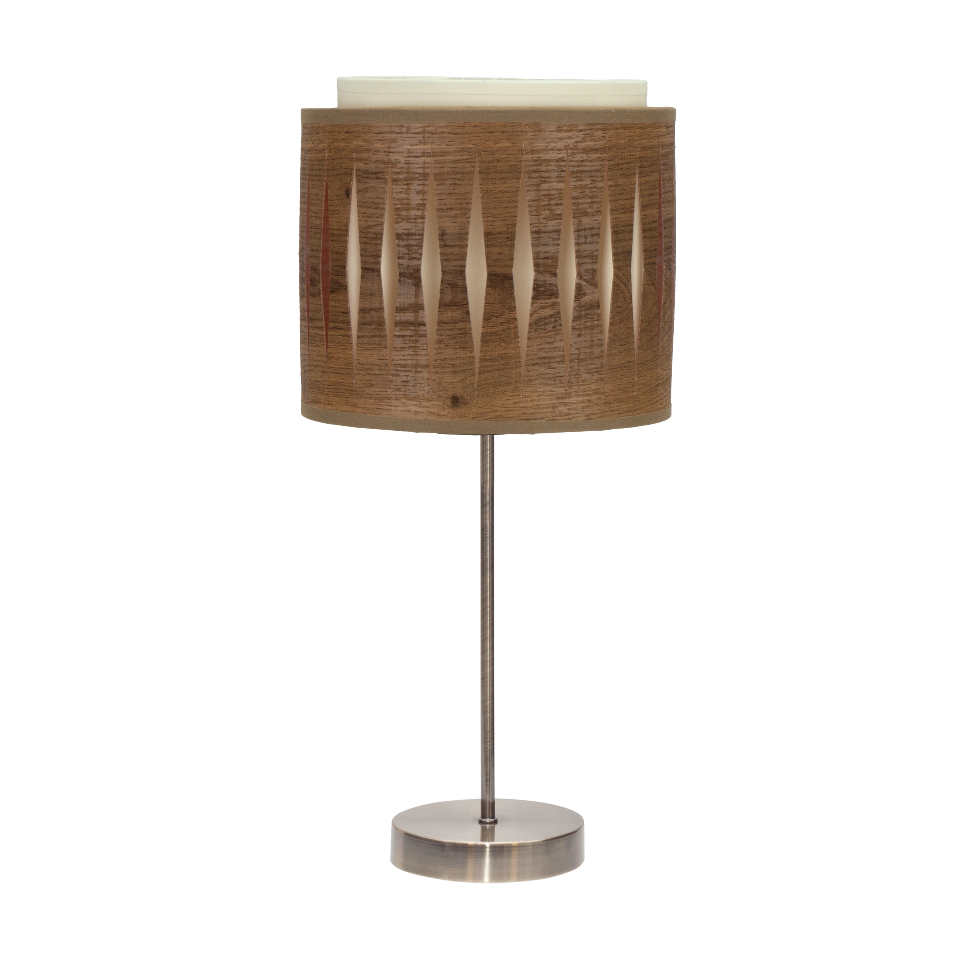 Sobremesa Alexandra fabricada en metal color cuero y pantalla textil color madera oscura, ideal para interior