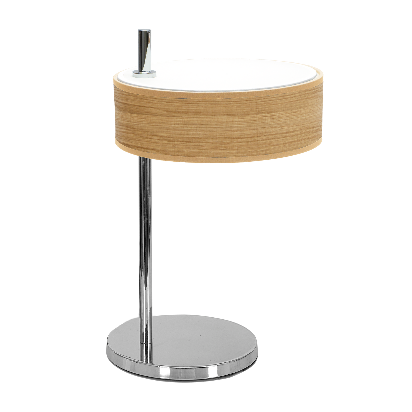 Sobremesa Haiti Cromo/Madera Clara de Fabrilamp, vista frontal. Iluminación elegante para tu hogar.