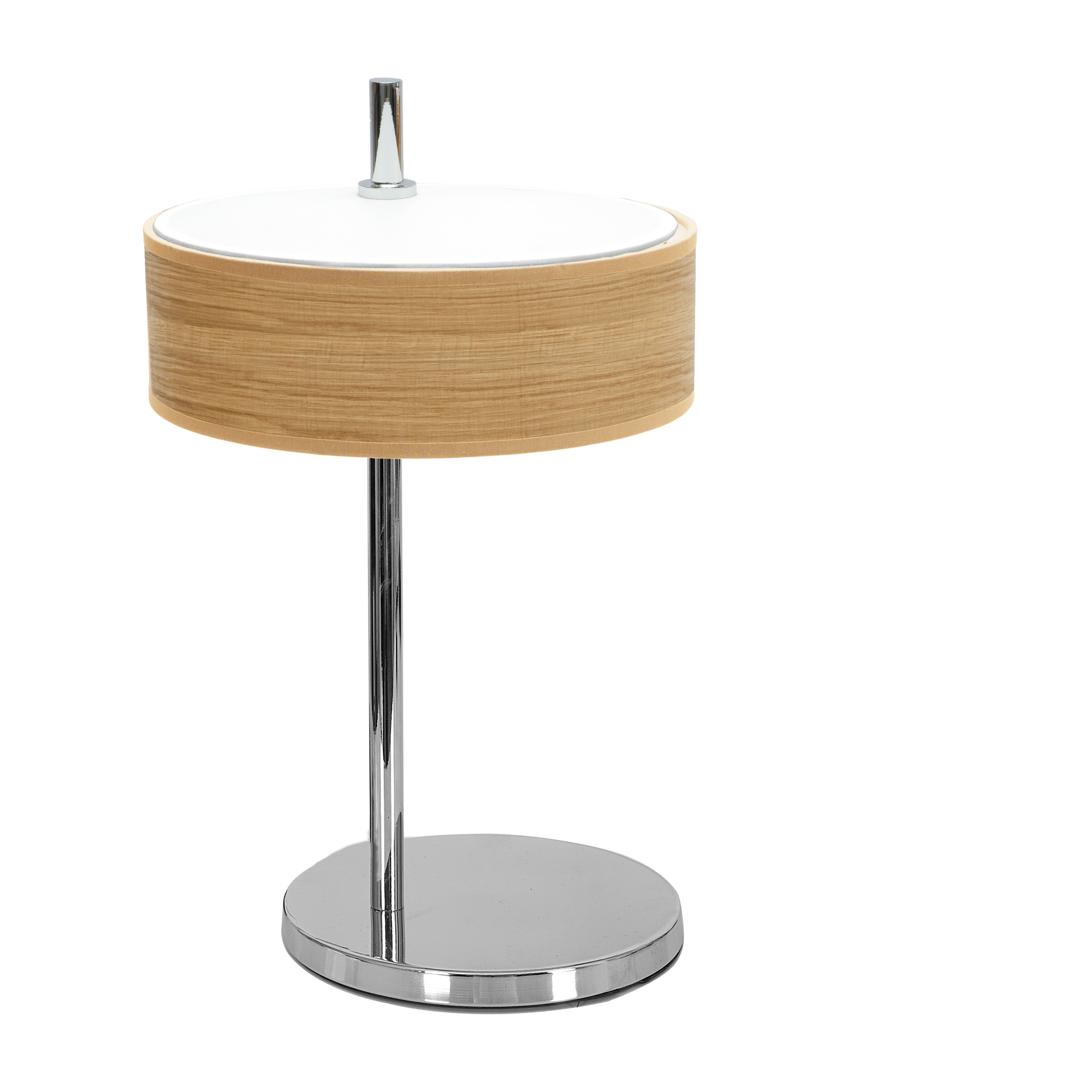 Sobremesa Haiti Cromo/Madera Clara de Fabrilamp, vista frontal. Iluminación elegante para tu hogar.