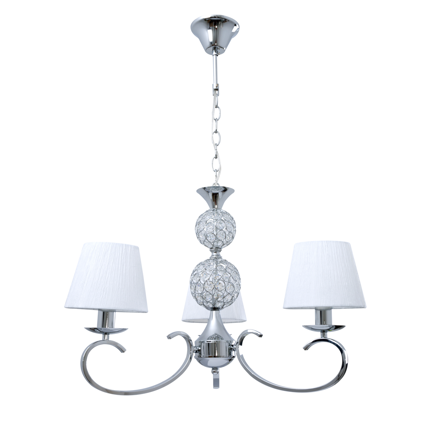Lámpara Ordoñez fabricada en metal y cristal color cromo con pantalla textil blanca