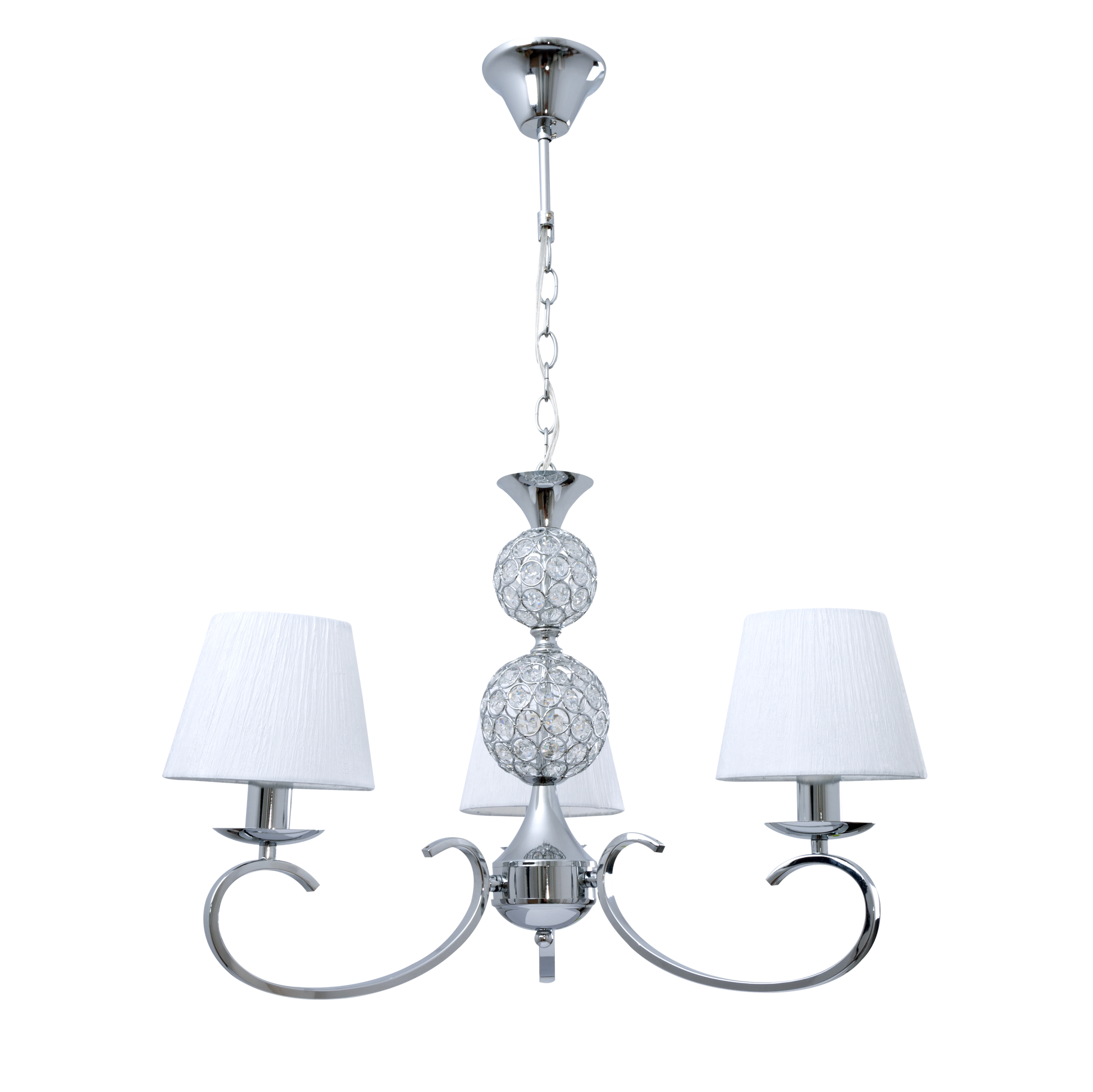 Lámpara Ordoñez fabricada en metal y cristal color cromo con pantalla textil blanca