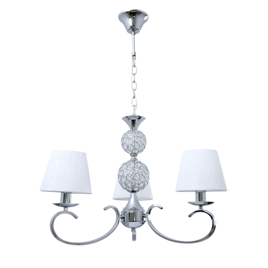 Lámpara Ordoñez fabricada en metal y cristal color cromo con pantalla textil blanca