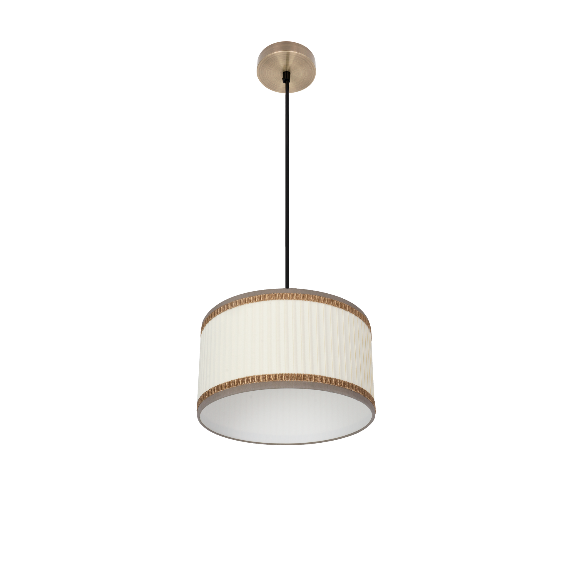Lámpara colgante Soprano fabricada en metal color cuero y textil beige