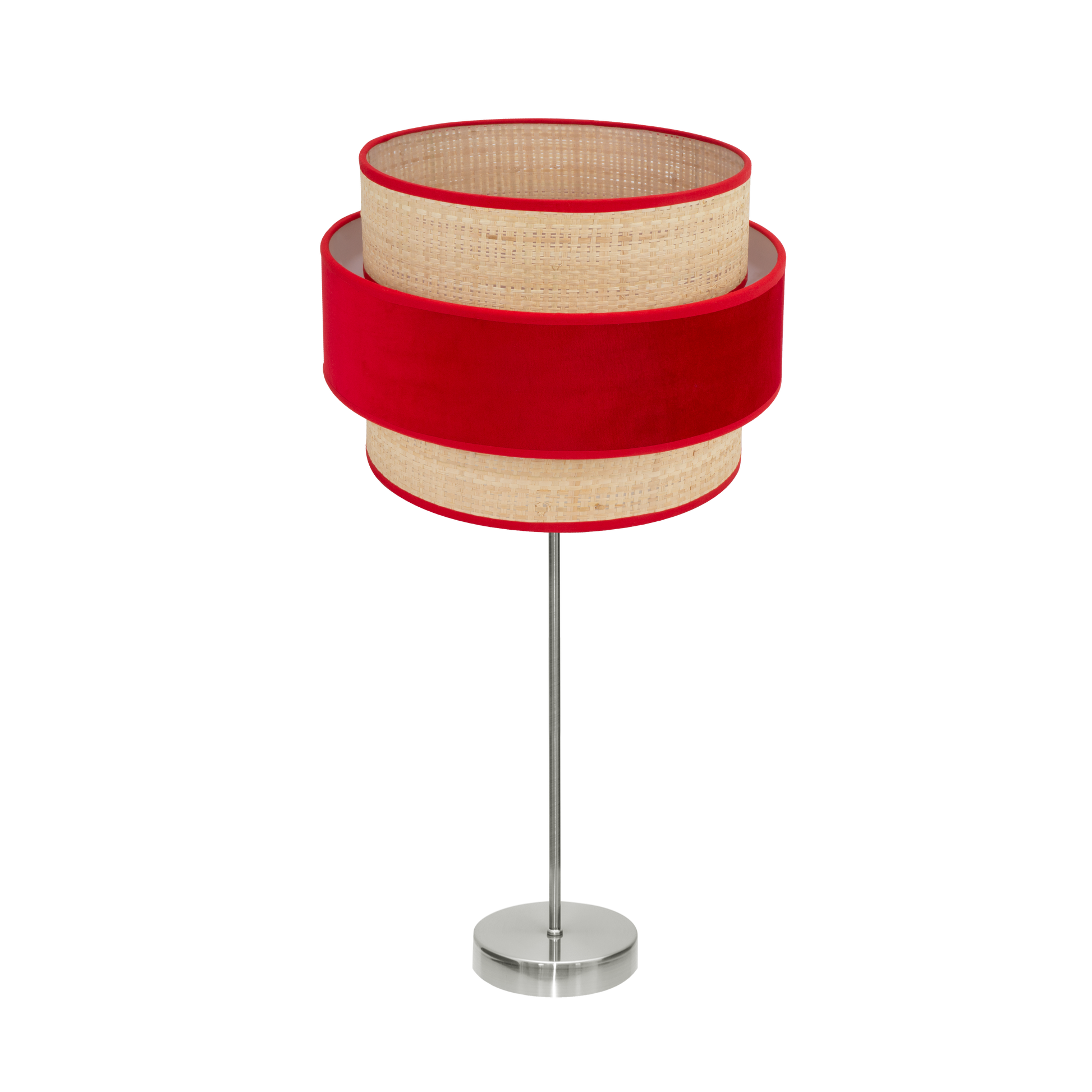Lámpara REYES fabricada en metal color níquel y textil natural rojo