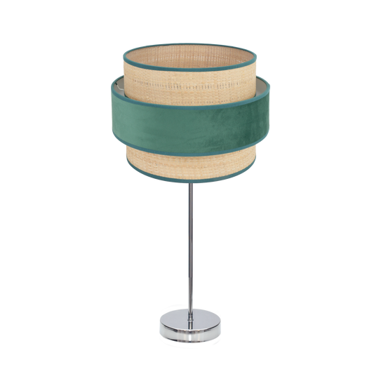 Lámpara Reyes fabricada en metal color cromo y textil natural verde, Fabrilamp / Abrila