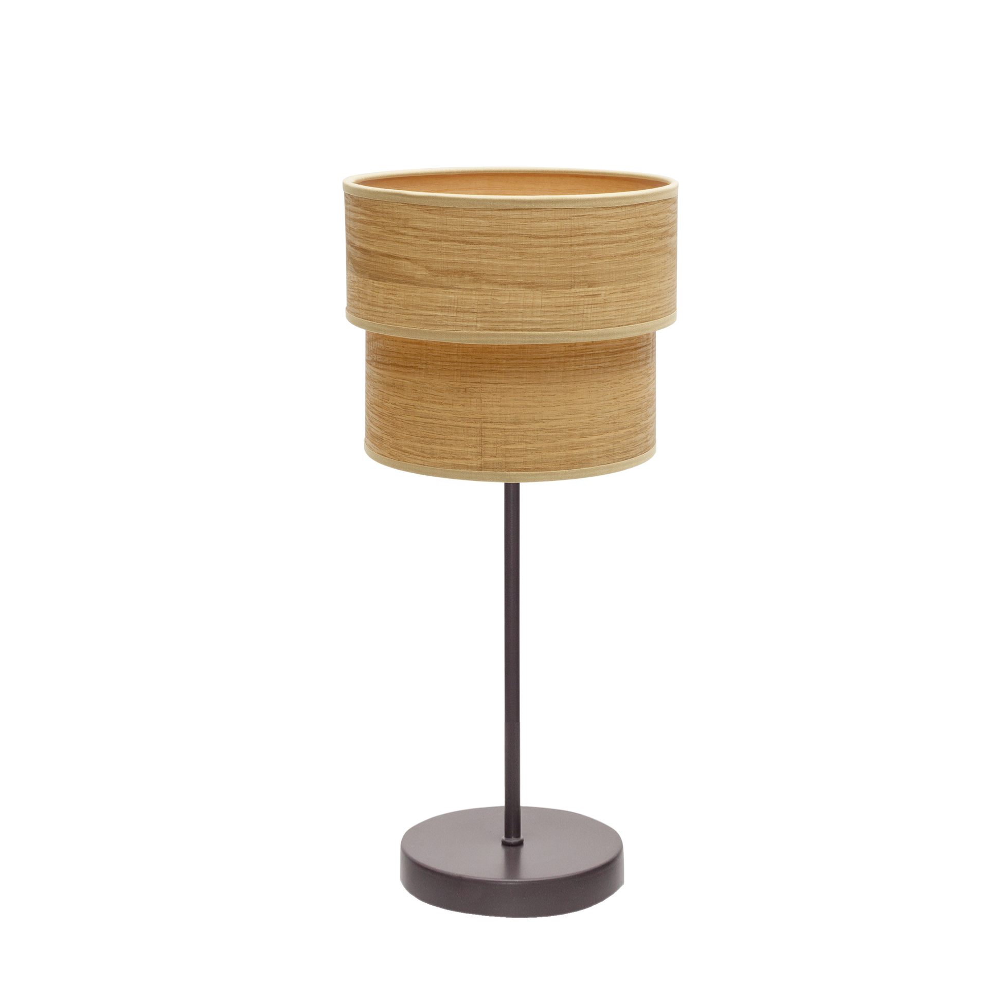 Lámpara Smile fabricada en metal y textil color madera clara, ideal para iluminación interior
