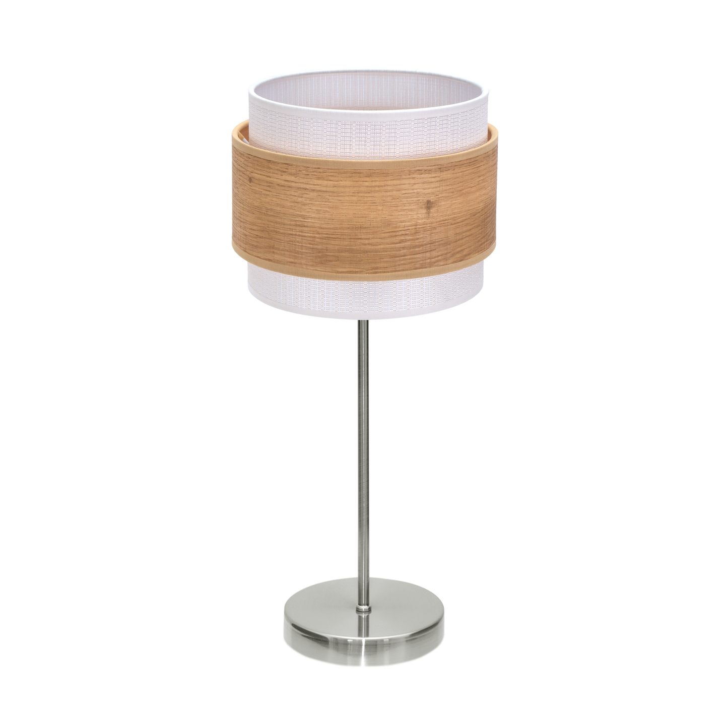 Sobremesa Myriam de Fabrilamp, níquel y madera clara, diseño moderno para iluminar tu hogar.